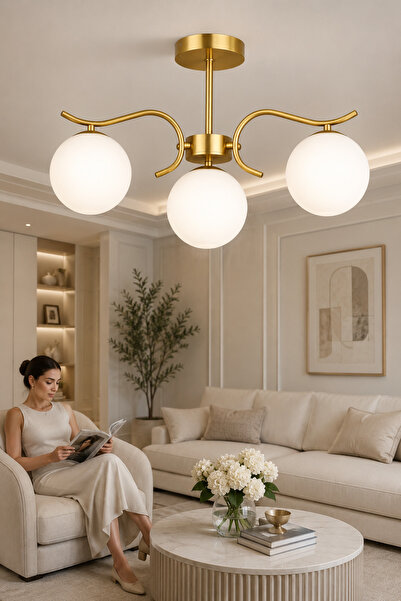 ESSLİGHT Alara 3’lü Eskitme Beyaz Camlı Modern Salon Mutfak Yatak Odası Avizesi