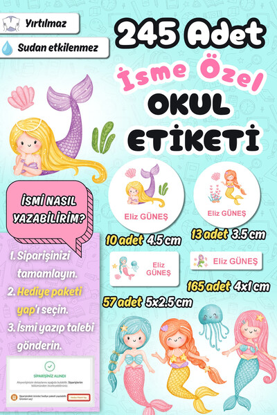 Sticker Ekspres Okul Etiketi Deniz Kızları Kalem Defter Etiketi Özel İsim Yaz...
