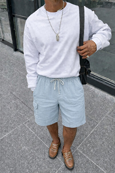 DAMGA JEANS Men's Summer Cargo Pocket Regular A.Blue Linen Shorts