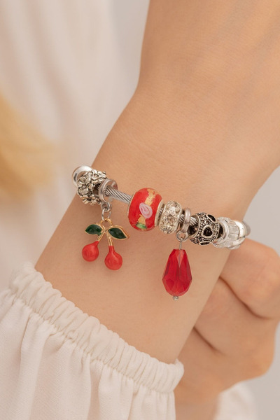 OSMANLI GÜMÜŞ Women's Steel Bracelet - Charm Model Bracelet - Cherry Model Wo...