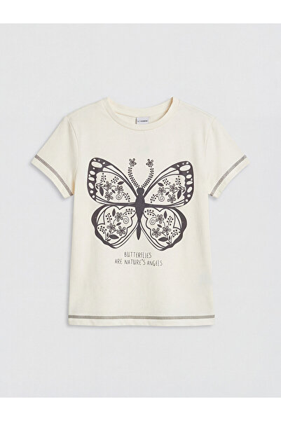 LC Waikiki Trendlucky Girls' T-Shirt with Oval Collar and Butterfly Print