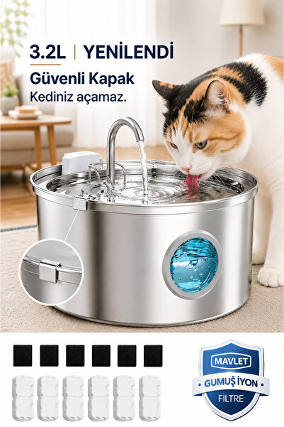 MAVLET 3.2L Paslanmaz Çelik Otomatik Evcil Hayvan Su Sebili + 6 Filtre Seti (...