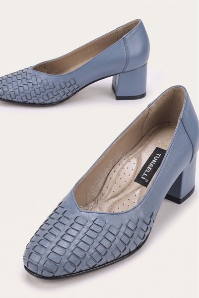 TUNAELLİ Pantofi cu toc din piele naturală împletită, albastră, pentru femei, mărimea 35-41