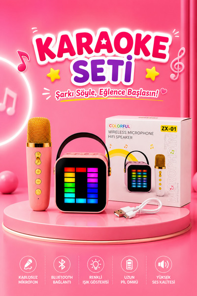 Concord Çocuk Karaoke Seti Bluetooth Kablosuz Mikrofonlu RGB Işıklı Taşınabil...