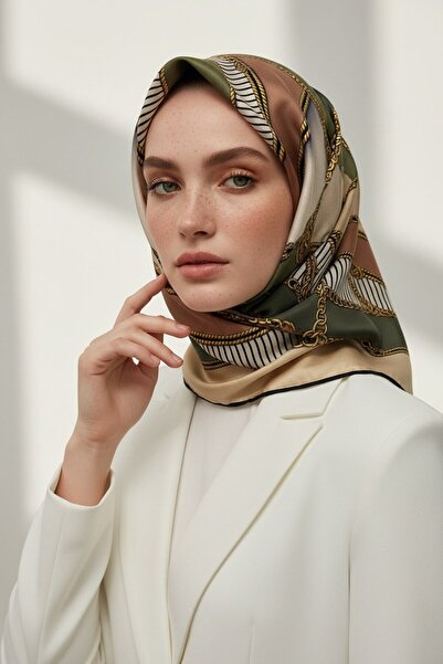 Vissona %100 Twill İpek Zincir Detaylı Geometrik Desenli Haki - Bakır Renkli ...