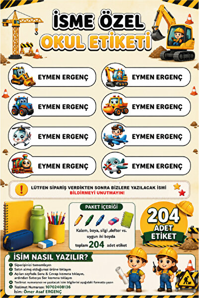 Ayza Tasarım İsme Özel Su Geçirmez Okul Etiketi Sticker Kişiye Özel Arabalı İ...