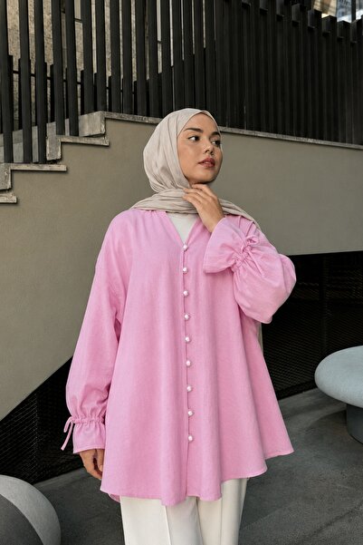 Lunfia Bağcıklı Arkası Uzun Düğmeli Gömlek - Pembe