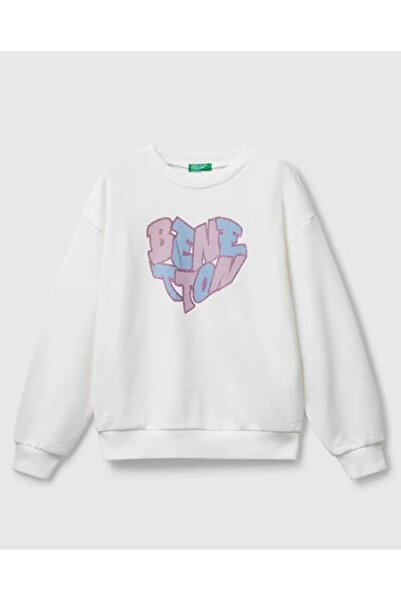 United Colors of Benetton Girl's Ecru Glitter Logo Printed Ribbed Crew Neck S...