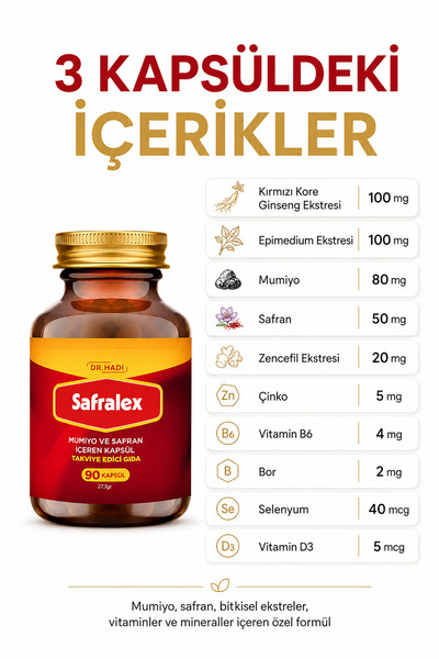 DR HADI Safralex Mumiyo ve Safran içeren 90 kapsül