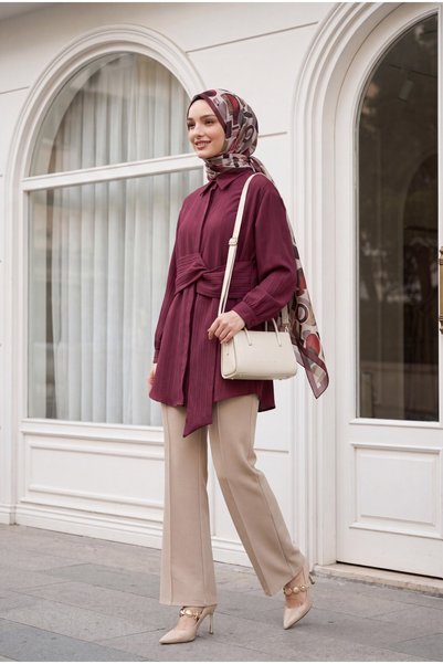 HİJABAYA Waist-Tied Fitted Shirt Collar Long Sleeve Hijab Crinkle Tunic - Bur...