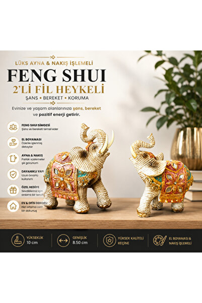 e-life shop Lüks Ayna Nakış İşlemeli Feng Shui 2'li Fil Biblo 10 cm Şans Bere...