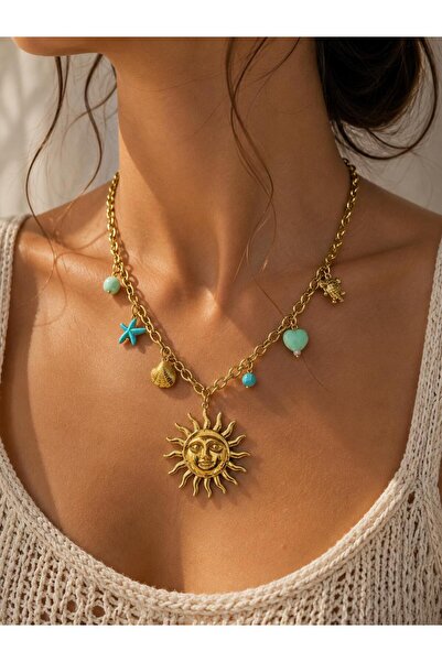 Haziran Accessory, Steel Coast Smiling Sun Charm Necklace
