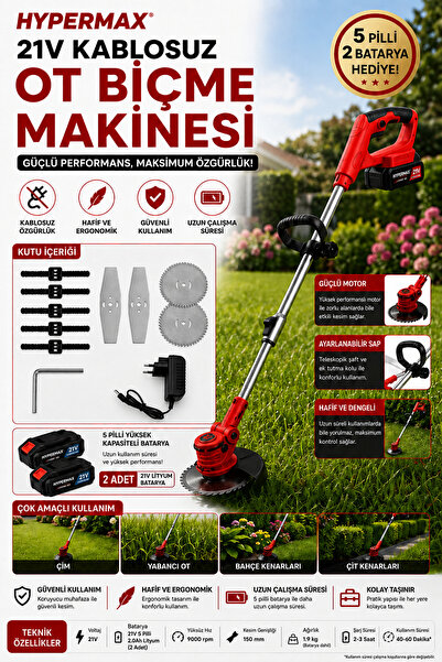 hypermax Şarjlı Çim Biçme Makinesi Tırpan 2X Batarya Akü