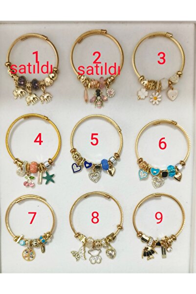 Çelik Gold Different Figure Charm Detailed Handcuff Bracelet