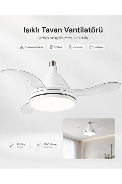 Yellowtech LED Işıklı Tavan Vantilatörü Kumandalı E27 3 Kanatlı Katlanabilir ...