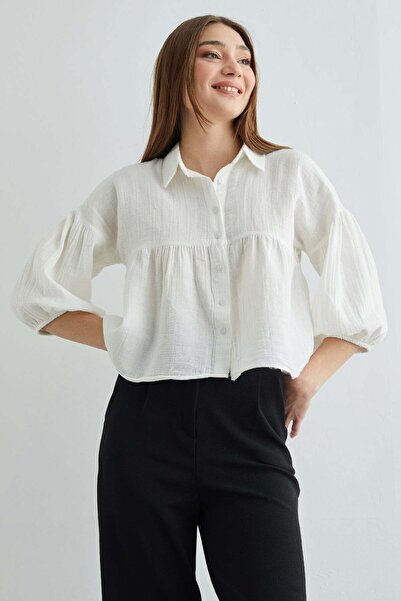 Fulla Moda Shabby-Musselin-Hemd mit Ballonärmeln