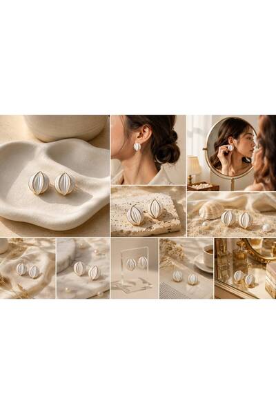 AURA ATELİER MODA Matte White Leaf Patterned Textured Oval Stud Earrings Women's Gift
