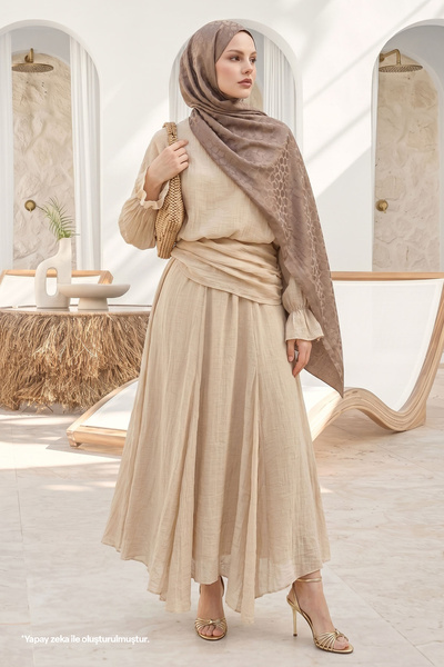 InStyle Beige Suit with Pleated Asymmetrical Skirt