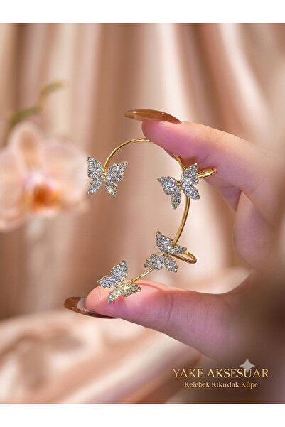 Aksesdunya Kelebek Luxury Taşlı Gold Kıkırdak Earcuff Küpe Tekli
