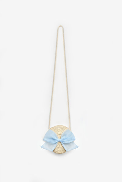 Le Mabelle Girl's Beige Straw Bag with Blue Bow