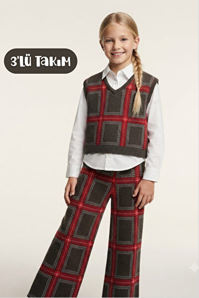 Hilal Akıncı Kids Girl's V-Neck Knitwear Sweater White Shirt Checkered Trouse...