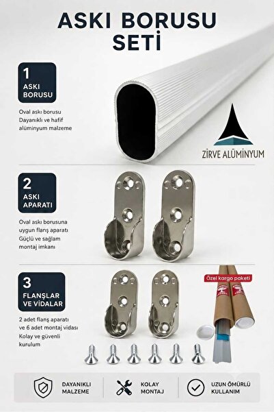 Zirve Alüminyum Oval Alüminyum 40 Cm'ye Kadar Özel Ölçü Dolap İçi Askı Borusu...