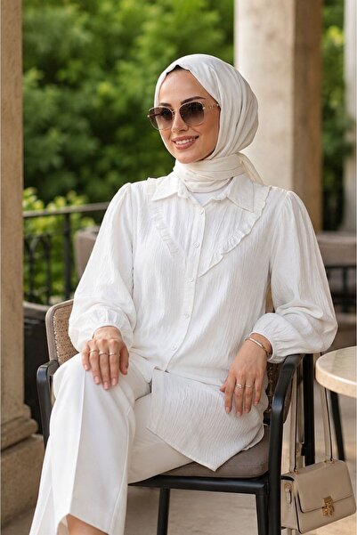 N.S NEVA STYLE Düğmeli Beyaz Tesettür Tunik 10693B