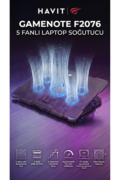 Havit Gamenote F2076 Yükseklik Ayarlı 17" Uyumlu 5 Fanlı Laptop Soğutucu Stan...
