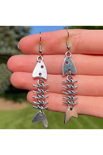 Choice Antique Silver Y2K Punk Metal Fishbone Earrings, Fishbone Design Alloy...