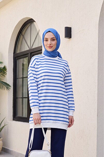 Modamorfo Yan çizgili Bisiklet Yaka Sweat -indigo