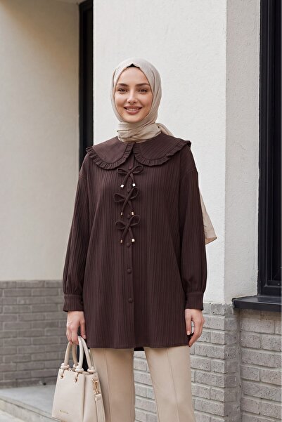 Modamorfo Buttoned Shirt with Ribbon Detail on the Front - Brown