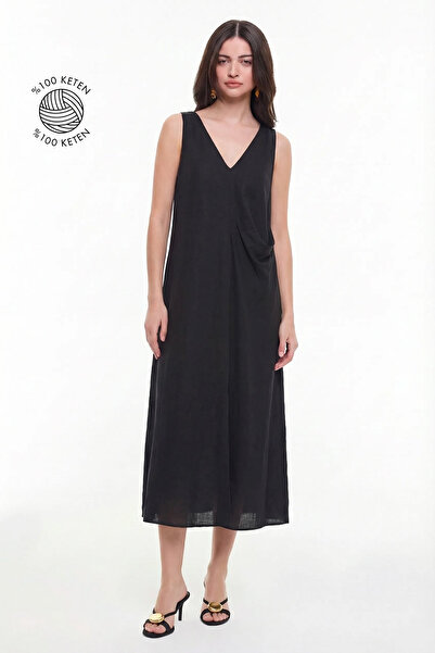 Roman Drape Detaylı Keten Elbise Siyah YY011008_001