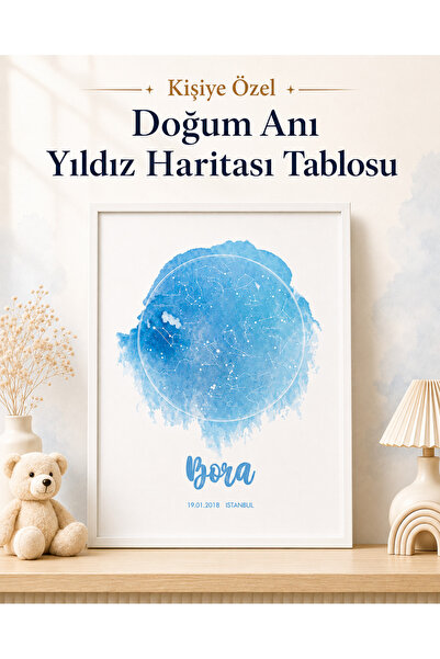Erkek Bebek, Çocuk ve Genç Odası Tablosu – Kişiye Özel Doğum Anı Yıldız Haritası, İsimli ve Tarihli