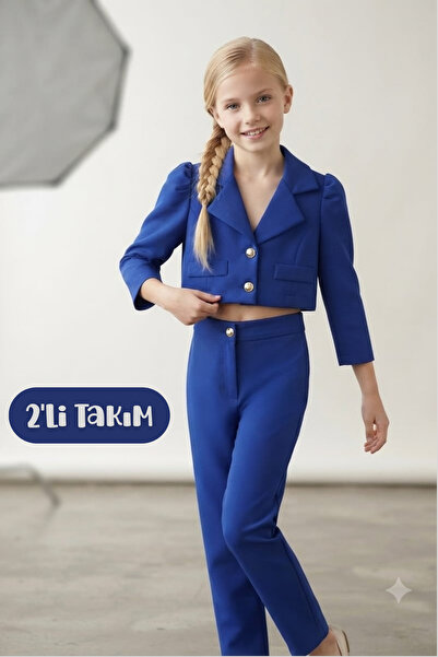 Hilal Akıncı Kids Girl's Gold Button Detailed Ornamental Pocket Crop Jacket W...
