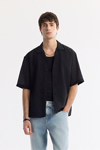 Avva Men's Black Apaj Collar Viscose Blended Short Sleeve Boxy Fit Shirt A51Y...