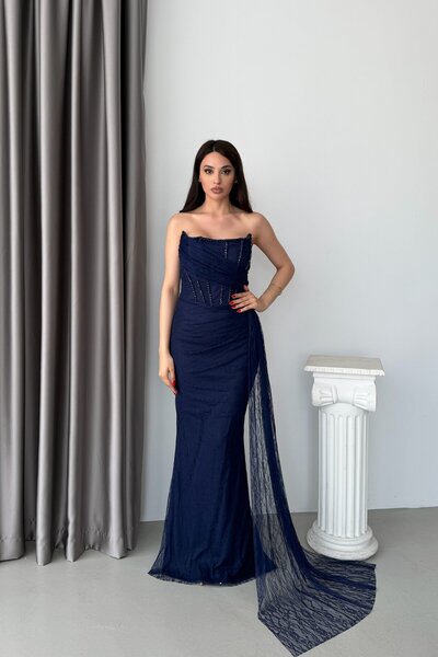 Serica Moda Lacivert Straplez Dantel Eldivenli Drapeli Uzun Abiye Elbise