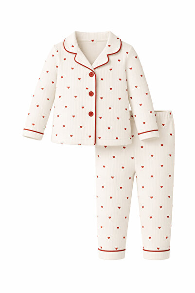 Bubito Kız Bebek Kalpli Kırmızı Biyeli 2'li Pijama Takımı - Kırmızı Beyaz