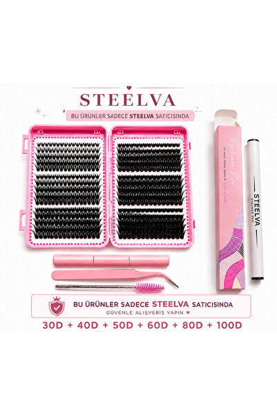STEELVA Takma Kirpik Seti 580 Adet i Yapıştırıcı, Sabitleyici, Cımbız Ve Kirpik Fırçasıyla Hediye Eyelinerla