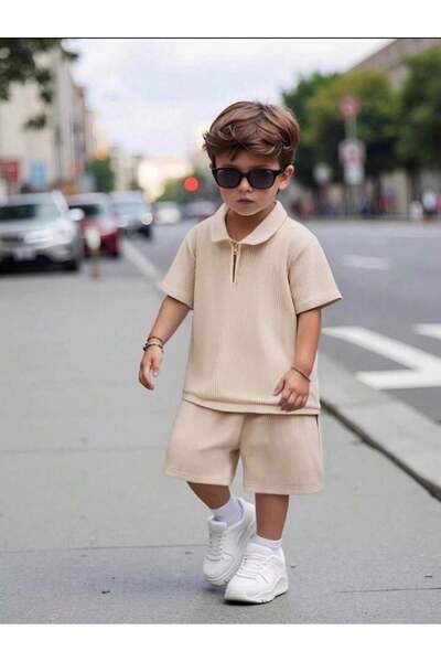 Bubito Zipper Detailed V-Neck Cotton Summer Shorts Set-Beige