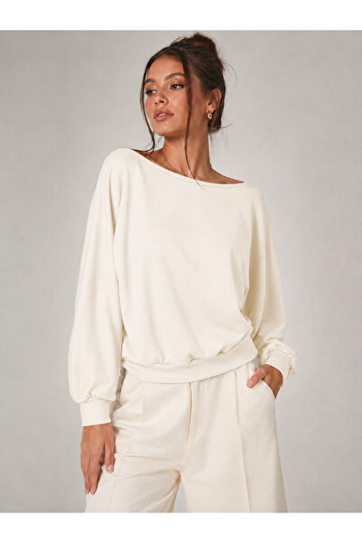 Sortie Women's Sleeve Skirt Ribbed Knit Wide Collar Ecru Color Basic Sweatshirt