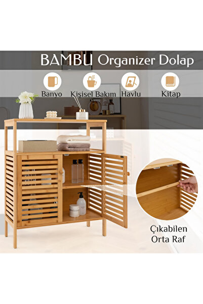 Go İthalat Ahşap Bambu Çok Amaçlı Raflı Organizer Dolap 66x33x85 cm.