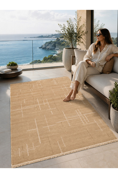 SULTAN HALI Krem Rengi Lotus Bambu Model Altı Kaymaz Makine Dokuma Halı