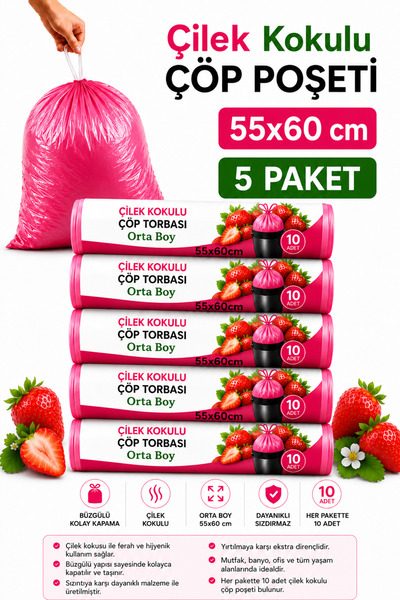 ARVALE 50 Pieces Medium Size 55X60 Strawberry Scented Drawstring Garbage Bags...