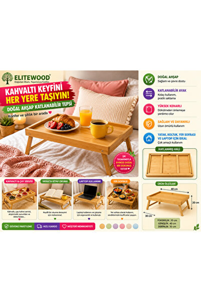 ELİTEVOOD Bambu Katlanır Ayaklı Servis Tepsisi 40×30×20 cm – Kahvaltı, Laptop...