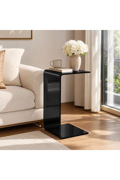 Slasa Black Acrylic Side Table, 8 mm Thick Modern C-Shaped Coffee & Nightstan...