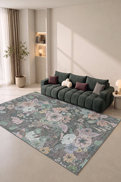 Cool Halı Coloris Pastel Yeşil Çiçekli Halı Vintage Bohem Şönil Dekoratif Tas...
