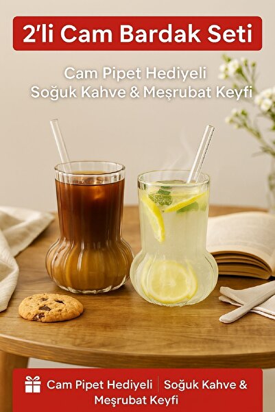 Open Home Concept 2 Premium Glass Cups with Glass Straws Gift – Cold Coffee, ...