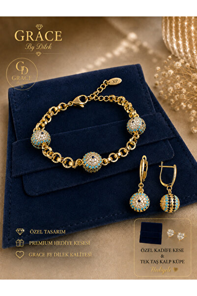 GRACEbyDilek KARARMAZ ALTIN KAPLAMA NAZAR BONCUKLU BİLEKLİK & KÜPE SET (KADİF...
