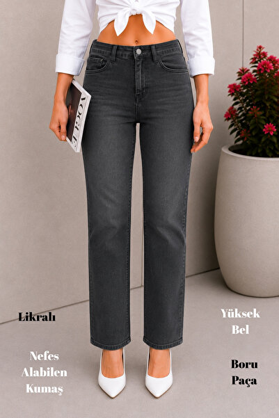 CEDY DENIM Kadın Boru Paça Yüksek Bel Regular Fit Likralı Pantolon-C607-Gri