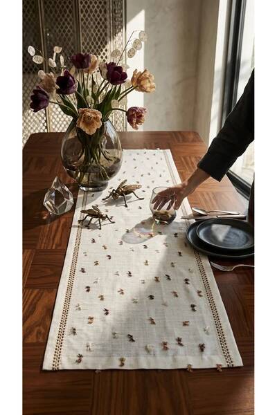 homease Linen Look Embroidery Detailed Tasseled Gardenia Fabric Runner |   Machine Washable Runner |   45*140
